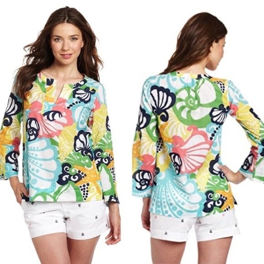 Lilly Pulitzer Womens XL Tunic Top Shell Starfish Print Metallic‎ Cotton Multi